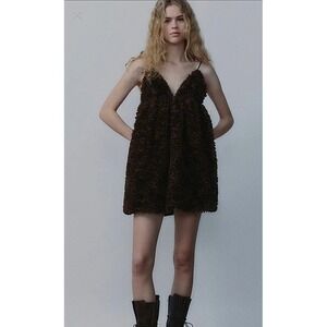 Zara Voluminous Mesh Ruffle Mini Dress‎ Brown V-Neck Spaghetti Strap XL 4764/239